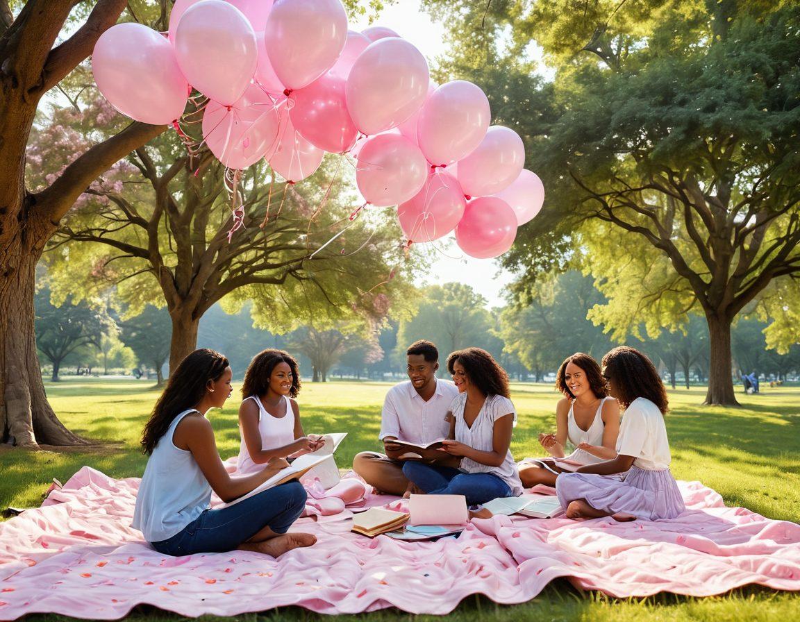 A whimsical scene featuring a group of diverse individuals joyfully writing together in a sunlit park adorned with vibrant pink flowers. They are seated on picnic blankets and surrounded by floating pink balloons that symbolize joy and fellowship. A gentle breeze rustles the pages of their notebooks, while soft rays of sunlight filter through the trees, creating a warm, welcoming atmosphere. A playful pink sky serves as a backdrop, embodying the essence of 'pink perspectives'. vibrant colors. super-realistic.