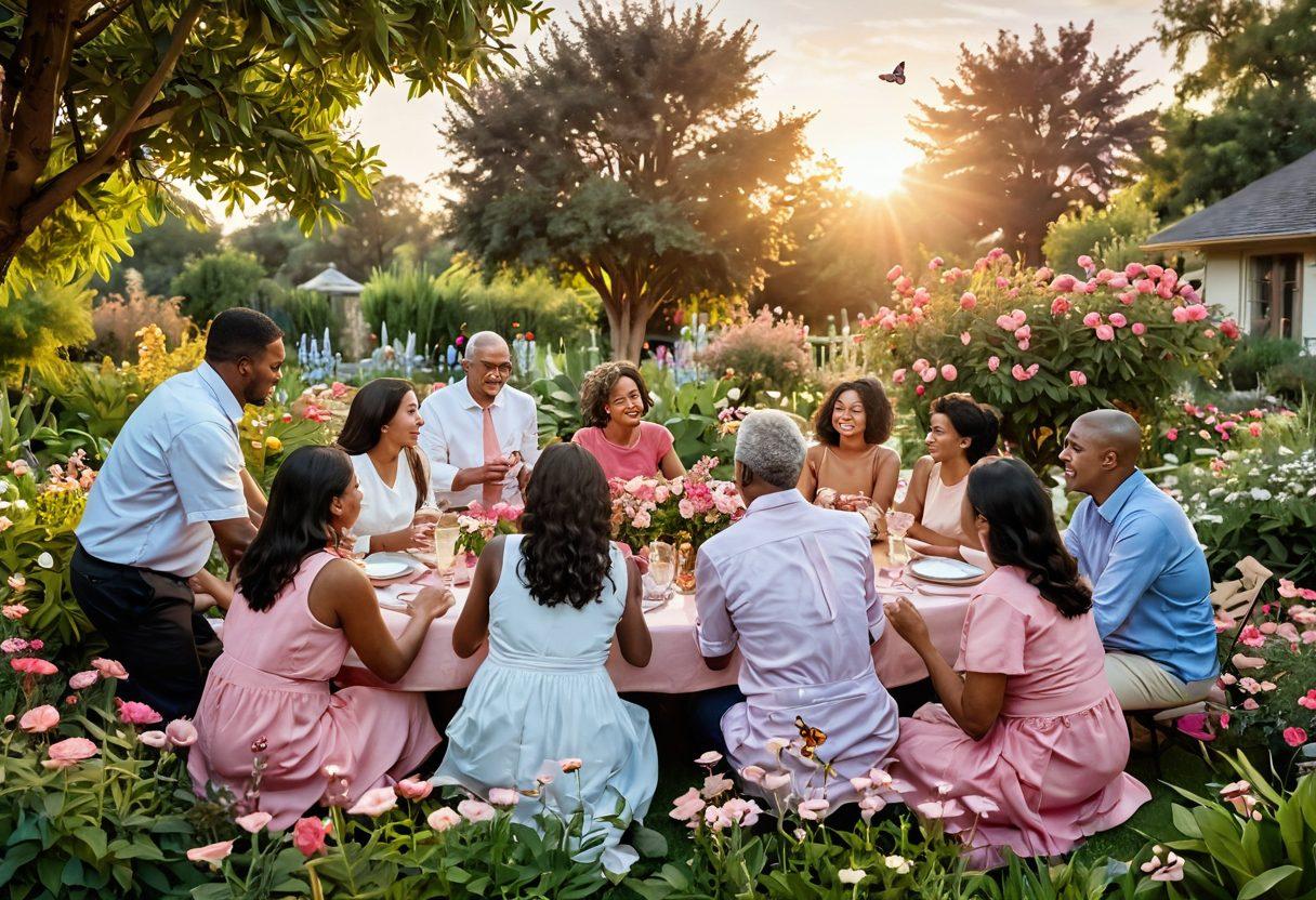 A vibrant, lush garden filled with diverse flowers in various shades of pink, representing unity and community. In the center, a diverse group of people joyfully interacting, sharing stories or laughing together, symbolizing connection. A soft, warm sunrise casts a golden glow, enhancing the atmosphere of celebration. Include elements of nature like butterflies and birds to emphasize harmony. pastel colors. super-realistic.