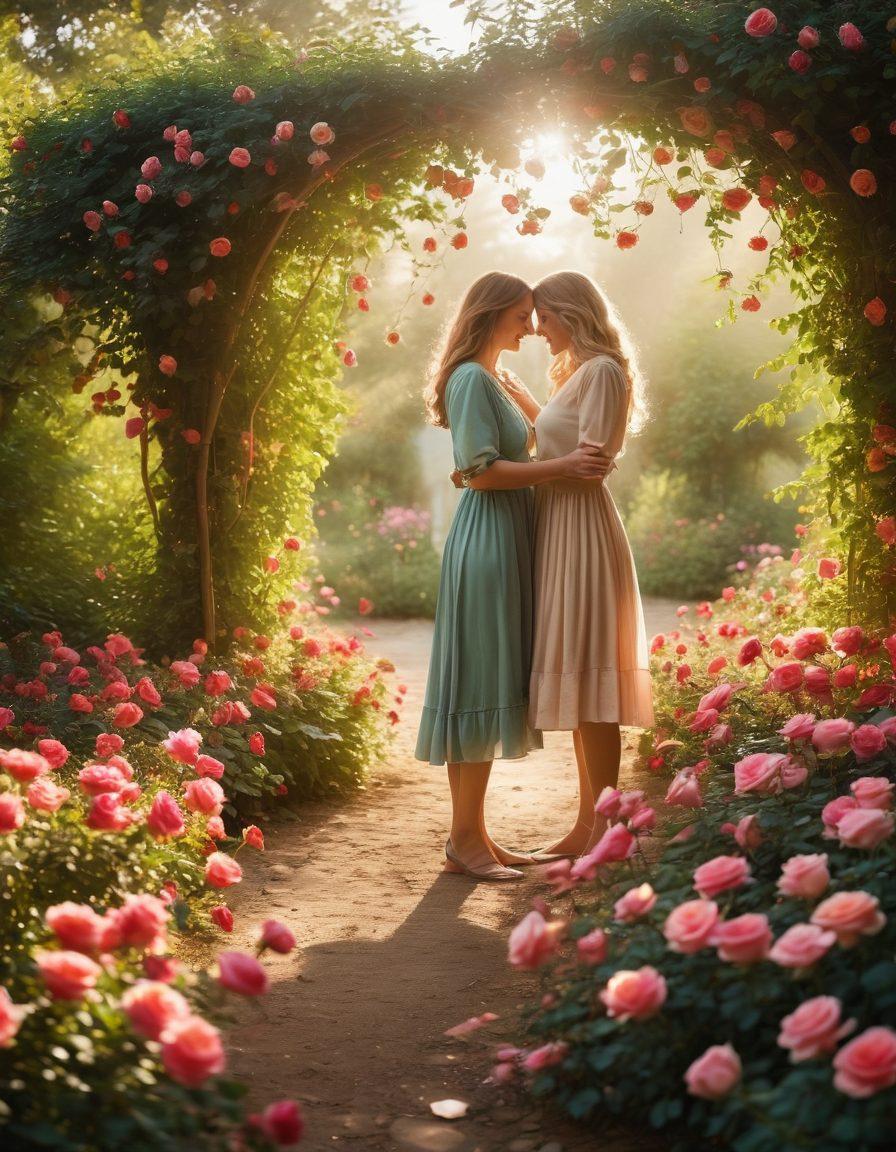 An ethereal garden filled with blooming roses blending into various scenes of people sharing joyful experiences, like laughter, hugs, and storytelling. Soft sunlight filters through the petals, casting playful shadows on a serene landscape. A sense of connection and tranquility is evident, symbolizing the importance of shared moments in enhancing wellbeing. Bright and inviting colors enhance the overall warmth and positivity of the image. super-realistic. vibrant colors. soft focus.